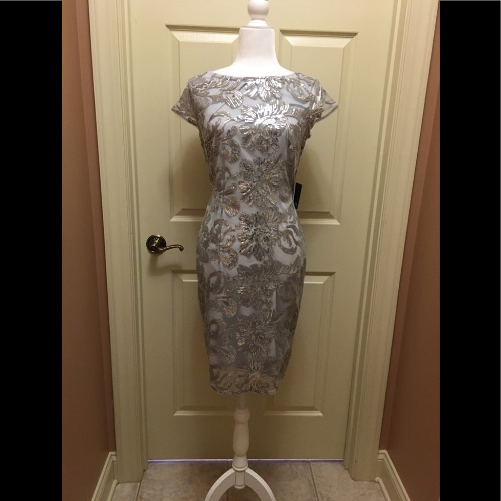 Marina Petite Embroidered Lace Dress Silver 6P - Picture 2 of 8
